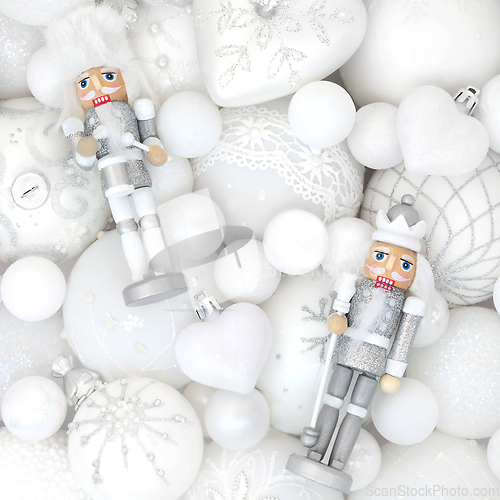 Image of Christmas Nutcracker White Bauble Background