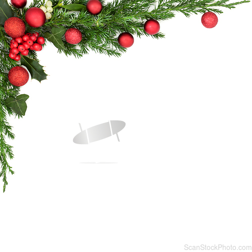 Image of Christmas Background Frame with Baubles Winter Holly Mistletoe  