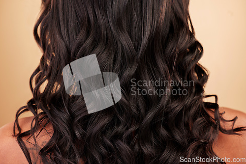 Image of Hair, beauty and balayage with woman, back with keratin treatment and wellness isolated on studio background. Shine, salon hairstyle and haircare with texture, growth with cosmetic care and curls