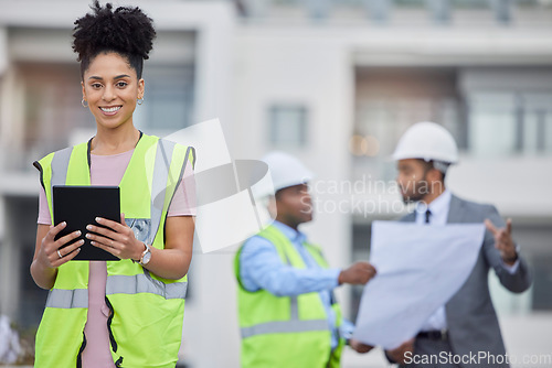 Image of Happy woman, architect and tablet in city for team planning, construction or design on rooftop at site. Female person, engineer or contractor on technology in leadership, project or architecture plan