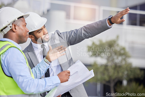 Image of Teamwork, blueprint and architecture with people in city for project management, planning or engineering. Graphic, floor plan or idea with contractor on construction site for collaboration and design