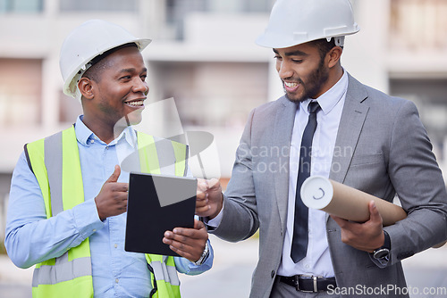 Image of Happy man, architect and tablet in city for team planning, construction or design on rooftop at site. Male person, engineer or contractor in teamwork on technology for project or architecture plan