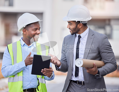 Image of Happy people, architect and tablet in city, planning or construction team in strategy on rooftop at site. Men, engineer or contractor on technology in teamwork, project or architecture plan in town