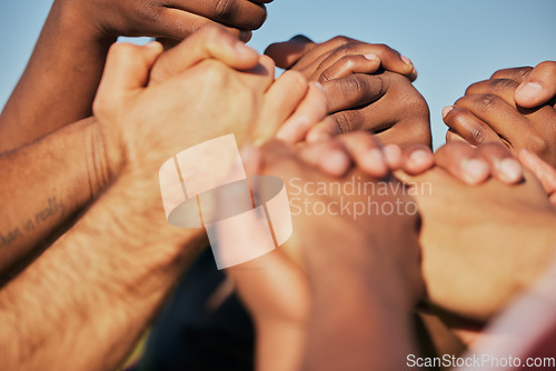 Image of Closeup, teamwork and people holding hands, cooperation and support with empowerment. Diversity, group and friends with activity, strong together and motivation with union, human and collaboration