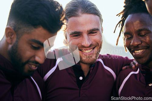 Image of Friends, sports and teamwork with people and hug for health, challenge and competition. Support, community and rugby match with group of men training in stadium for fitness, happy and games together