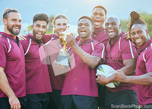 Image of Trophy, sports team portrait and celebrate rugby teamwork, achievement or winning game, match or tournament competition. Prize winner, group pride and excited people happy for success achievement