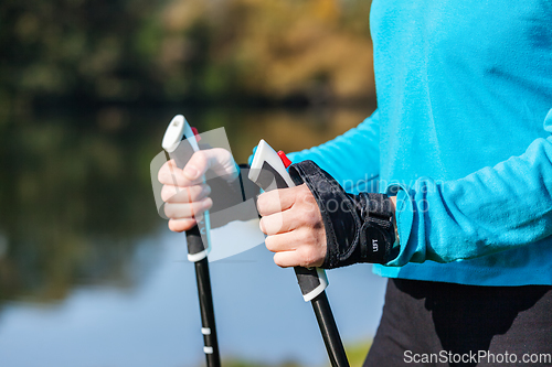 Image of Closeup of woman's hand with nordic walking poles