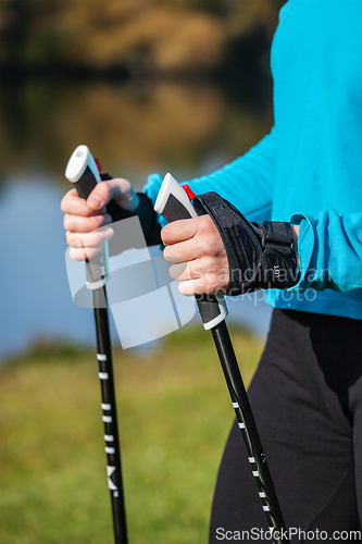 Image of Closeup of woman's hand with nordic walking poles