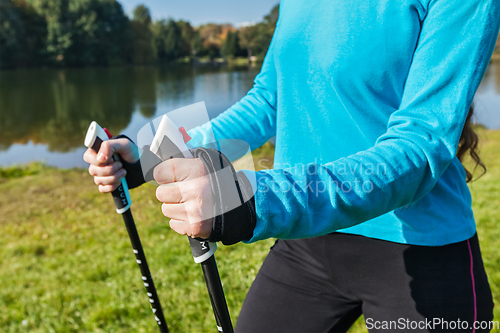 Image of Closeup of woman's hand with nordic walking poles