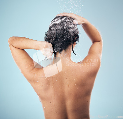 Image of Hair shampoo, shower and back of woman cleaning in studio isolated on a blue background. Water splash, hygiene and soap, foam or cosmetics of model washing, bath or wellness for body care in bathroom