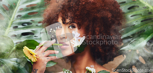 Image of Skincare portrait, flowers and nature woman with eco product, facial makeup and natural cosmetics, beauty or self care. Face design, dermatology and non binary person with creative floral aesthetic