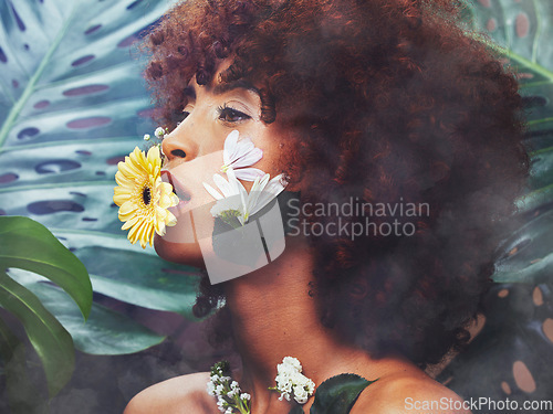 Image of Skincare face, flowers and nature woman with eco friendly product, organic makeup or natural cosmetics. Art, sustainable dermatology and beauty model profile with plants, leaves and floral aesthetic