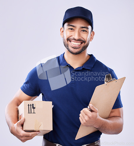 Image of Smile, portrait and delivery man with boxes, and clipboard for transport for ecommerce supplier product. Package, logistics and happy courier person on white background for online sales and services.