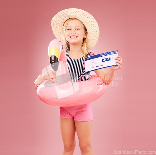 Image of Travel, portrait and girl child with passport in studio for summer vacation or holiday on pink background. Face, ticket or kid with boarding pass, flight or traveling documents for airport compliance