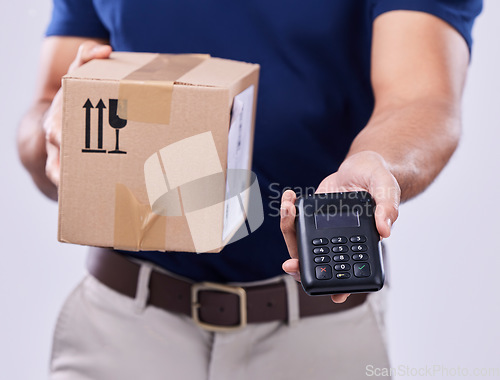 Image of Hand, payment and delivery man with box in studio, safe transport for ecommerce product and banking. Package, logistics and courier person on white background with pos device for sales and services.