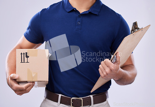 Image of Clipboard, hands and delivery man with box in studio, transport for ecommerce supplier product. Package, logistics and documents, courier person on white background for sales and services invoice.