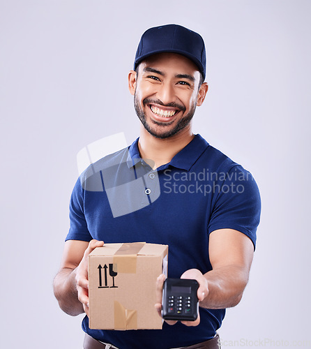 Image of Smile, portrait and delivery man with box, payment and safe transport for ecommerce product in studio. Package, logistics and happy courier person on white background with pos for sales and services.