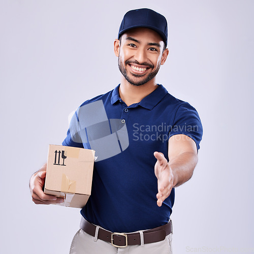 Image of Portrait happy man, delivery box and hand shake gesture for greeting, hello or shipping product, export or mail container. Supply chain package, welcome handshake or studio person on white background