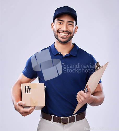 Image of Clipboard, portrait and delivery guy with box in studio, safe transport for ecommerce supplier product. Package, logistics and happy courier man on white background for online sales and services.