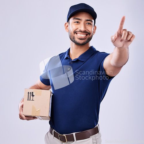 Image of Studio, shipping box and delivery man press intercom, button and export sales product, retail stock or mail container. Supply chain, post package or happy person with push gesture on white background