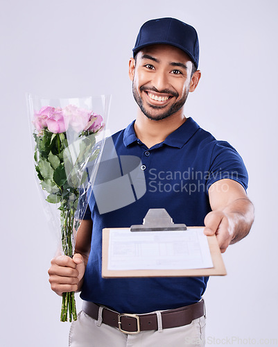 Image of Portrait, flower bouquet courier and delivery man with clipboard, paperwork and shipping product, stock or export sale. Floral order, distribution service invoice or studio person on white background