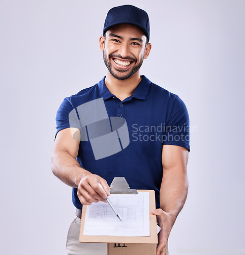 Image of Signature, portrait and delivery man with box in studio, transport for ecommerce product. Package, logistics and documents to sign, happy courier person on white background for sales and services.