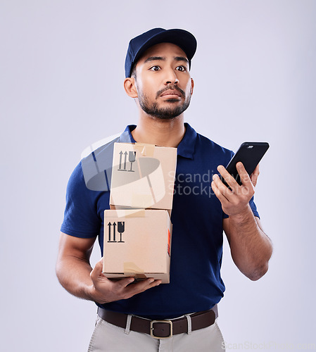 Image of Phone, shipping box and delivery man problem, crisis and export mistake of retail sales product, stock or mail. Supply chain error, smartphone and confused studio person worried on white background