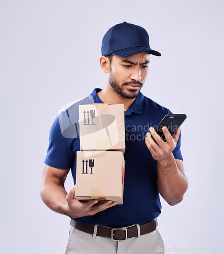 Image of Phone, shipping box and confused delivery man reading online shopping problem, information or commercial export mistake. Supply chain error, smartphone and studio person crisis on white background