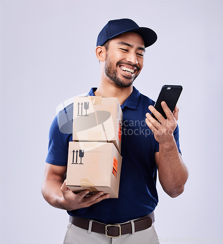 Image of Phone, studio box and laughing delivery man reading online shopping, funny retail info or commercial export sale. Supply chain package, cellphone meme or funny distribution person on white background