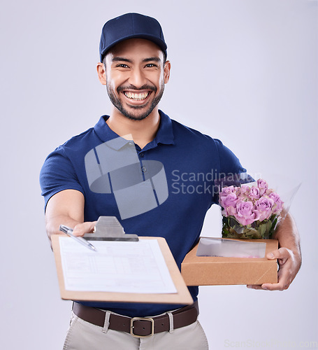 Image of Delivery portrait, flower bouquet or happy man with clipboard paperwork for signature, service agreement or shipping. Floral order invoice, Valentines Day present or studio person on white background