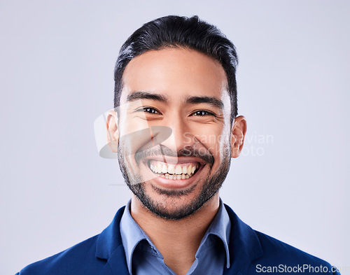 Image of Face, lawyer and happy business man in studio isolated on a white background. Professional attorney, portrait and confident employee worker, legal advocate and Mexican advisor in law firm for career