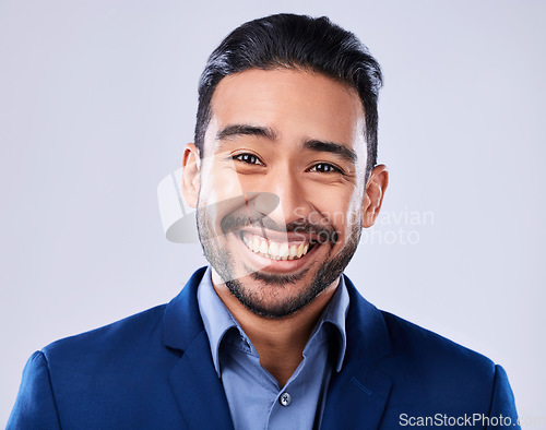 Image of Face, smile of lawyer and business man in studio isolated on white background. Professional attorney, portrait and confident employee worker, legal advocate and Mexican advisor in law firm for career