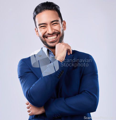 Image of Happy, studio portrait or professional man, real estate agent or Asian businessman smile for career, work or business job. Corporate profile picture, happiness or friendly realtor on white background