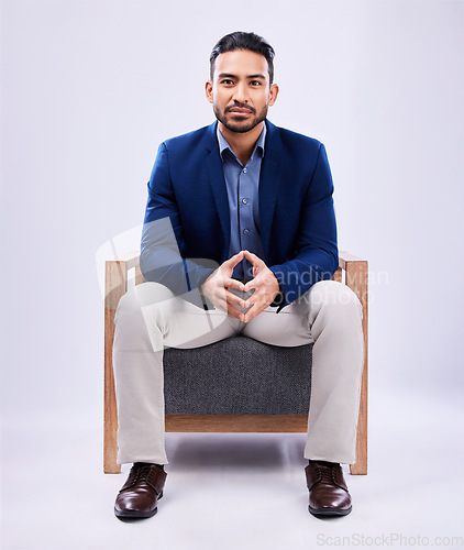 Image of Portrait, lawyer and business man on chair in studio isolated on a white background mockup space. Professional, attorney or confident worker, legal advocate and Mexican advisor in law firm for career