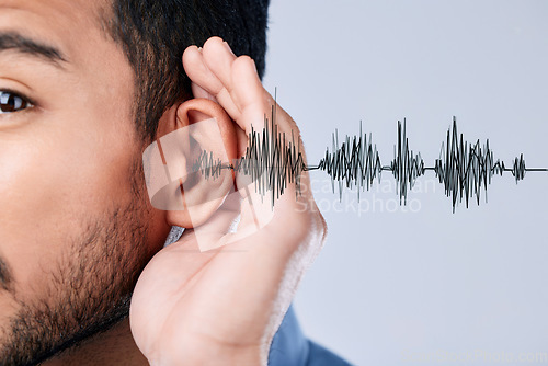 Image of Ear, listening and sound waves with a hand on a studio background for communication, gossip or attention. Closeup, digital and a person for hearing an audio, speaker or frequency for conversation