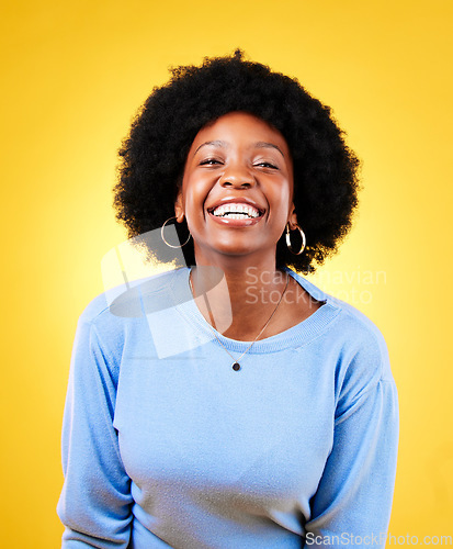 Image of Portrait, happy black woman and white teeth in studio isolated on a yellow background. Face, smile and African person laughing, funny joke and excited in casual clothes, fashion and style in Nigeria.