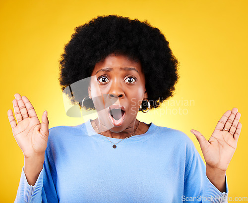 Image of Scared, surprise and a shocked woman in studio for fear, mental health or surrender. Portrait of African person on yellow background mouth open, hands up or frightened by phobia, gossip or horror