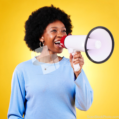 Image of Happy woman, loudspeaker or megaphone to shout in studio for voice or announcement. African model person with speaker for broadcast message, breaking news or protest communication or speech