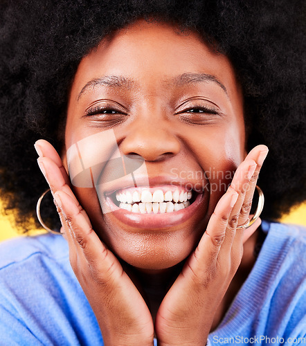 Image of Smile, excited and portrait of black woman on yellow background for good news, wow and surprise. Emoji, winner and face closeup of happy person in studio for omg announcement, winning and success