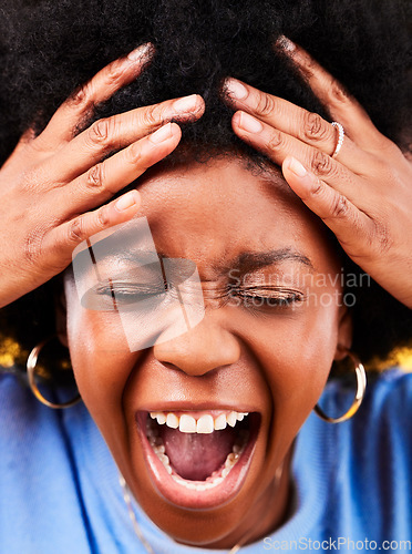 Image of Angry, shouting and face of a frustrated black woman with stress, fail or crazy in studio. Closeup, screaming and an African person or girl with emotion, depression or mental health on a backdrop