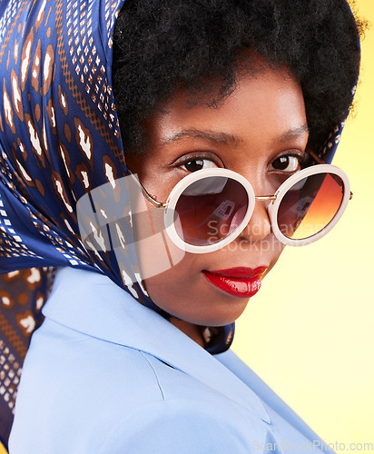 Image of Fashion, makeup and sunglasses with portrait of black woman in studio for vintage, trendy and beauty. Elegant, retro and pride with face of person and scarf on yellow background for frames and style