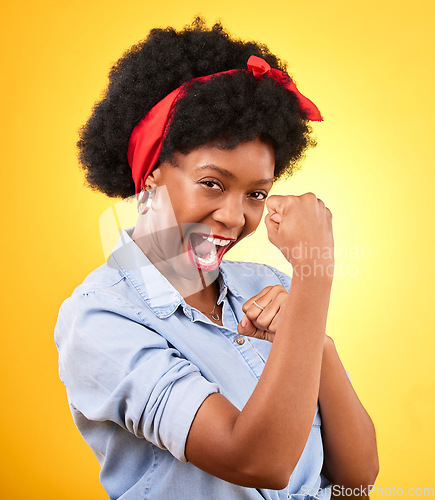Image of Muscle, flex and success with portrait of black woman in studio for power, motivation and energy. Empowerment, pride and champion with person and fist on yellow background for challenge and hard work