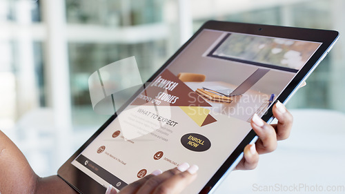 Image of Tablet, hands and woman reading a website for college religion studies on the internet. Digital technology, closeup and female student scroll online for university education application requirements.