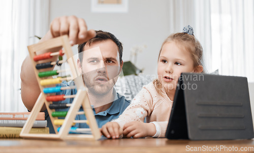 Image of Tablet, abacus and father with girl for homework for creative learning, education and development. Family, parents and dad and kid for mathematics, counting and numbers lesson with technology at home