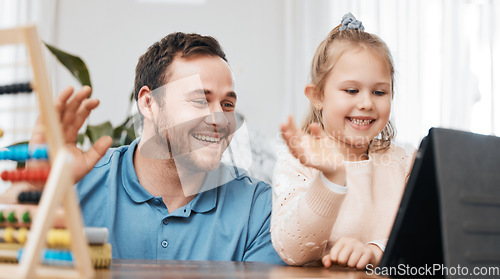 Image of Dad, tablet or child on video call for education, skills development or knowledge in online class. Wave, father or happy kindergarten girl student learning math by parent on elearning course at home