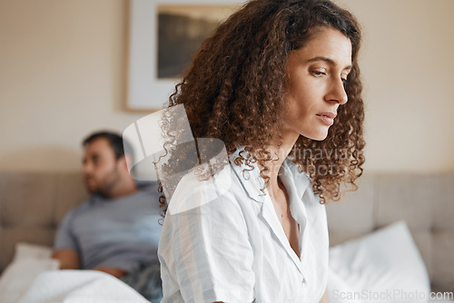 Image of Upset, bedroom and woman in argument with her husband for divorce, marriage problem or breakup. Sad, depression and female person fighting with her partner for toxic relationship or cheating at home.