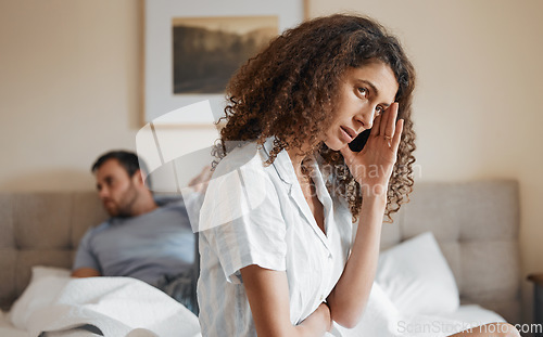 Image of Sad, bedroom and woman fighting with her husband for divorce, marriage problem or breakup. Upset, depression and female person in argument with her partner for toxic relationship or cheating at home.