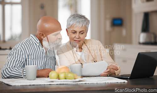 Image of Laptop, document and senior couple in discussion at home for paying bills debt or mortgage online. Pension planning, technology and elderly man and woman in retirement with paperwork and a computer.