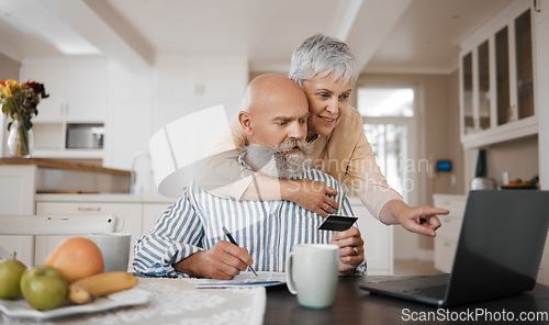 Image of Home, credit card and senior couple with a laptop, connection or budget planning with retirement, investment or online payment. Love, old man or elderly woman embrace, pc or pension fund with network