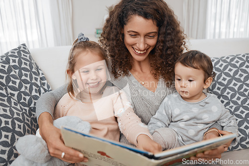 Image of Love, happy kids or mother reading a book for learning, education or storytelling on sofa at home. Family, relax or mom with children siblings for fun fantasy stories on holiday vacation together